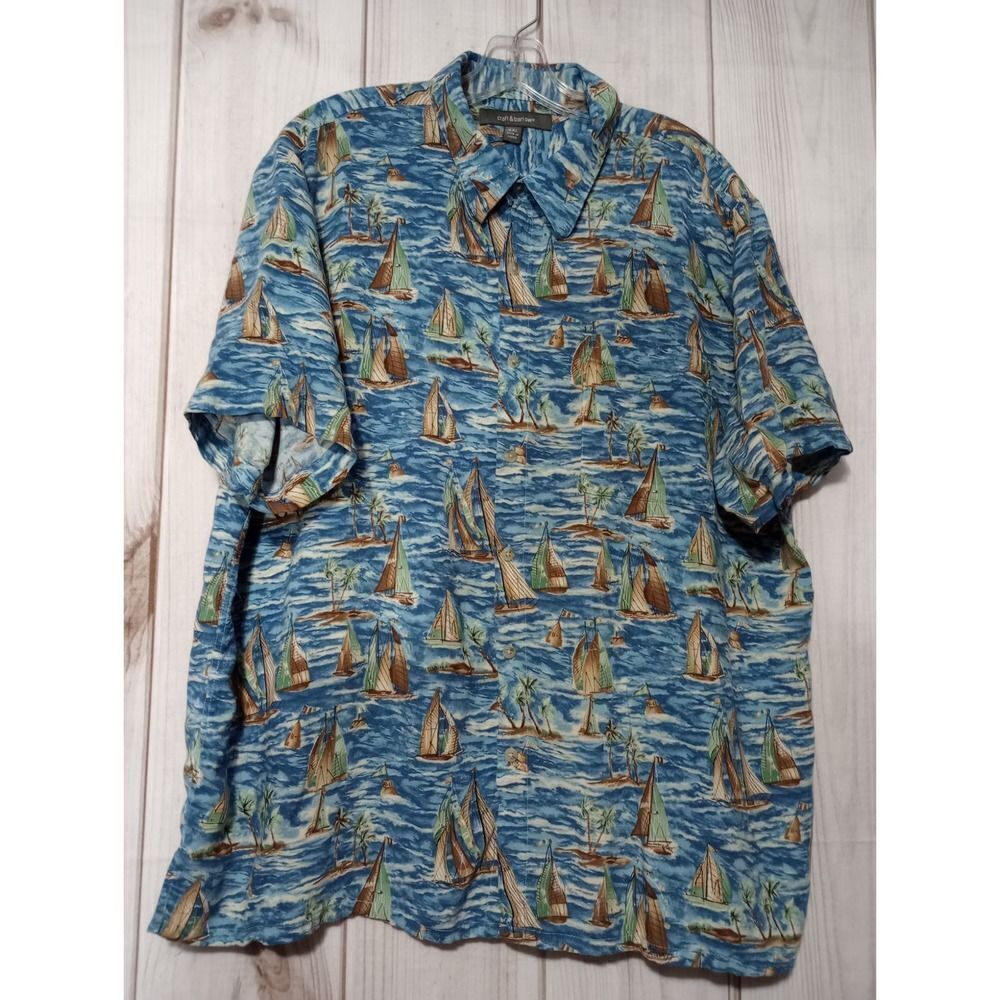 Croft & Barrow Mens XXL Blue Nautical Sailboat Palm Tree Rayon Button Down Shirt